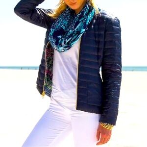 Lilly Pulitzer Navy Not Too Catty Lilah Reversible Full Zip Down Jacket Small